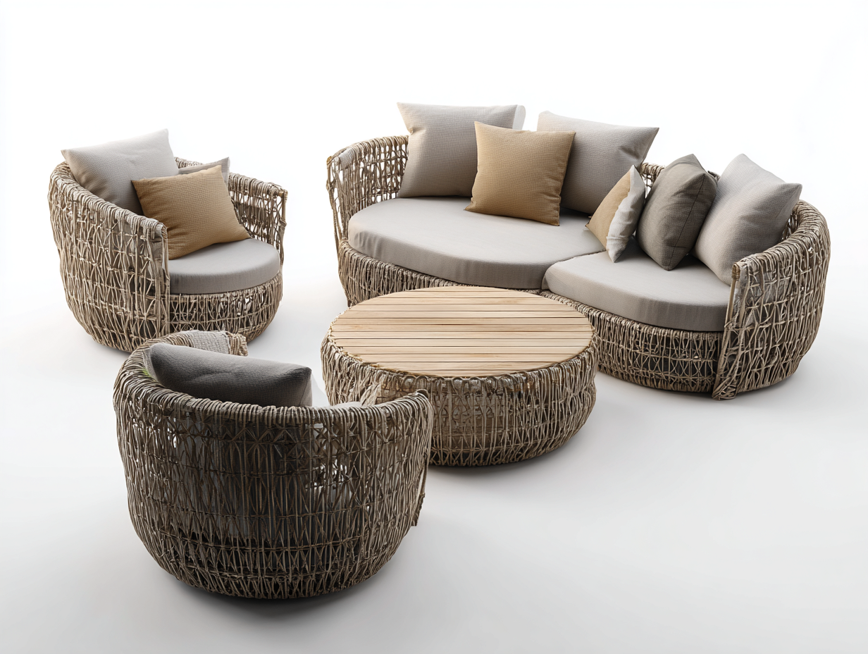 Salon de jardin en résine tressée et bois canapé 180x80x75 cm fauteuil 85x80x75 cm table basse 90x90x40 cm – beige-marron – style naturel pour extérieur-Airyete