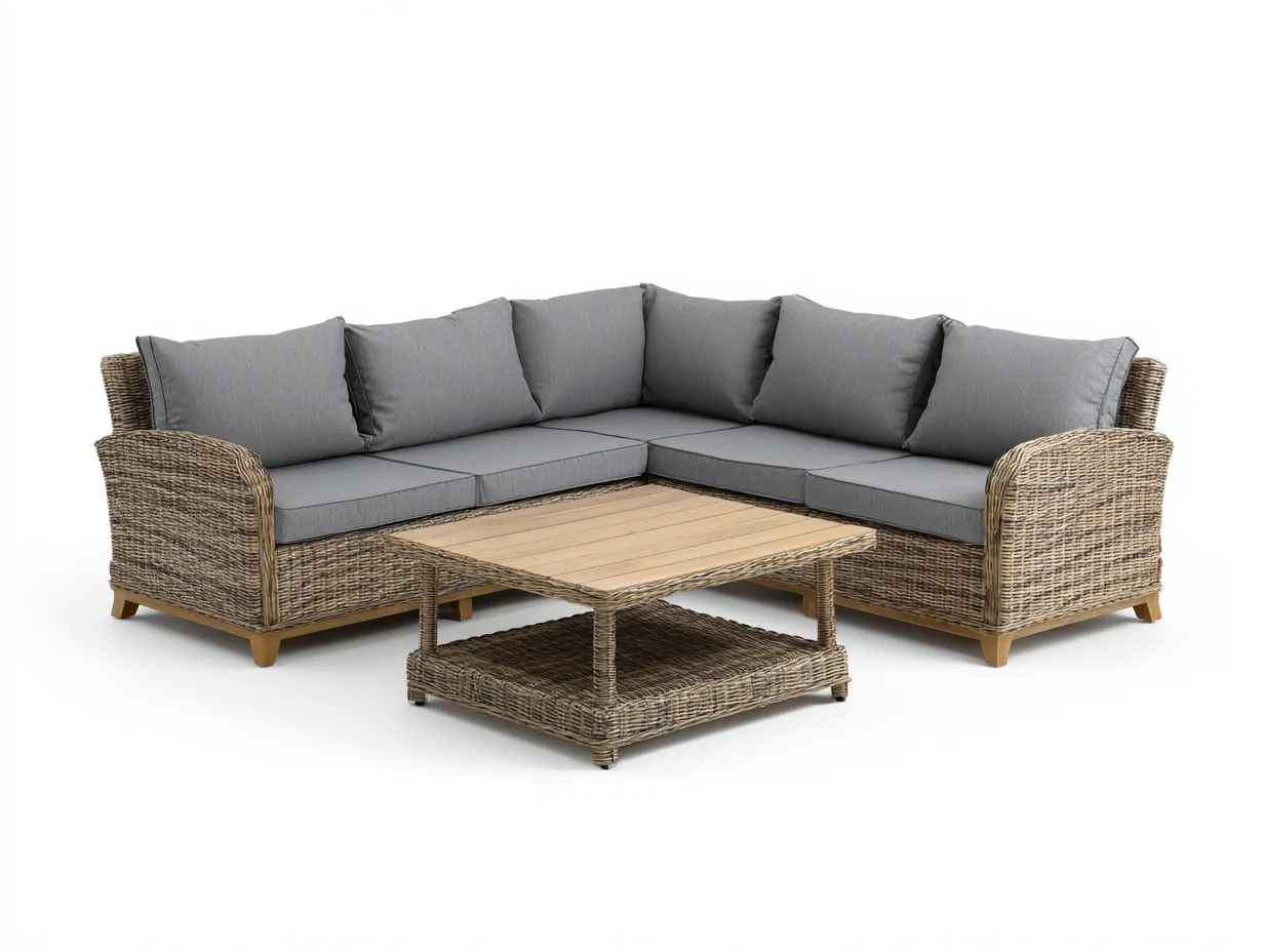 Salon de jardin en résine tressée canapé d’angle 220x220x75 cm table 90x90x40 cm – brun-gris – design contemporain – usage extérieur-Airyete