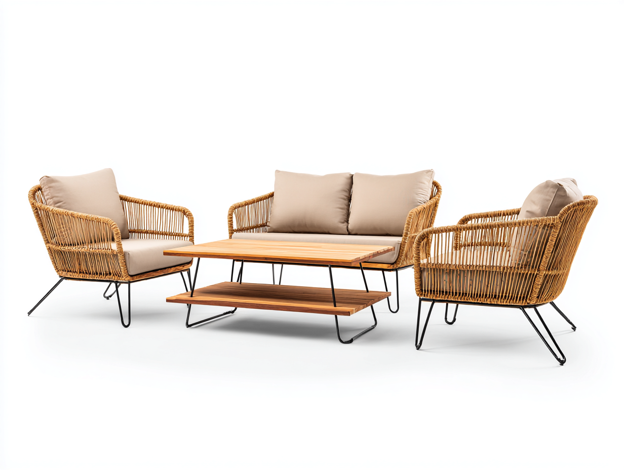 Salon de jardin en rotin canapé 140x75x75 cm fauteuil 70x75x75 cm table 100x60x40 cm – brun-beige – design contemporain – usage extérieur-Airyete