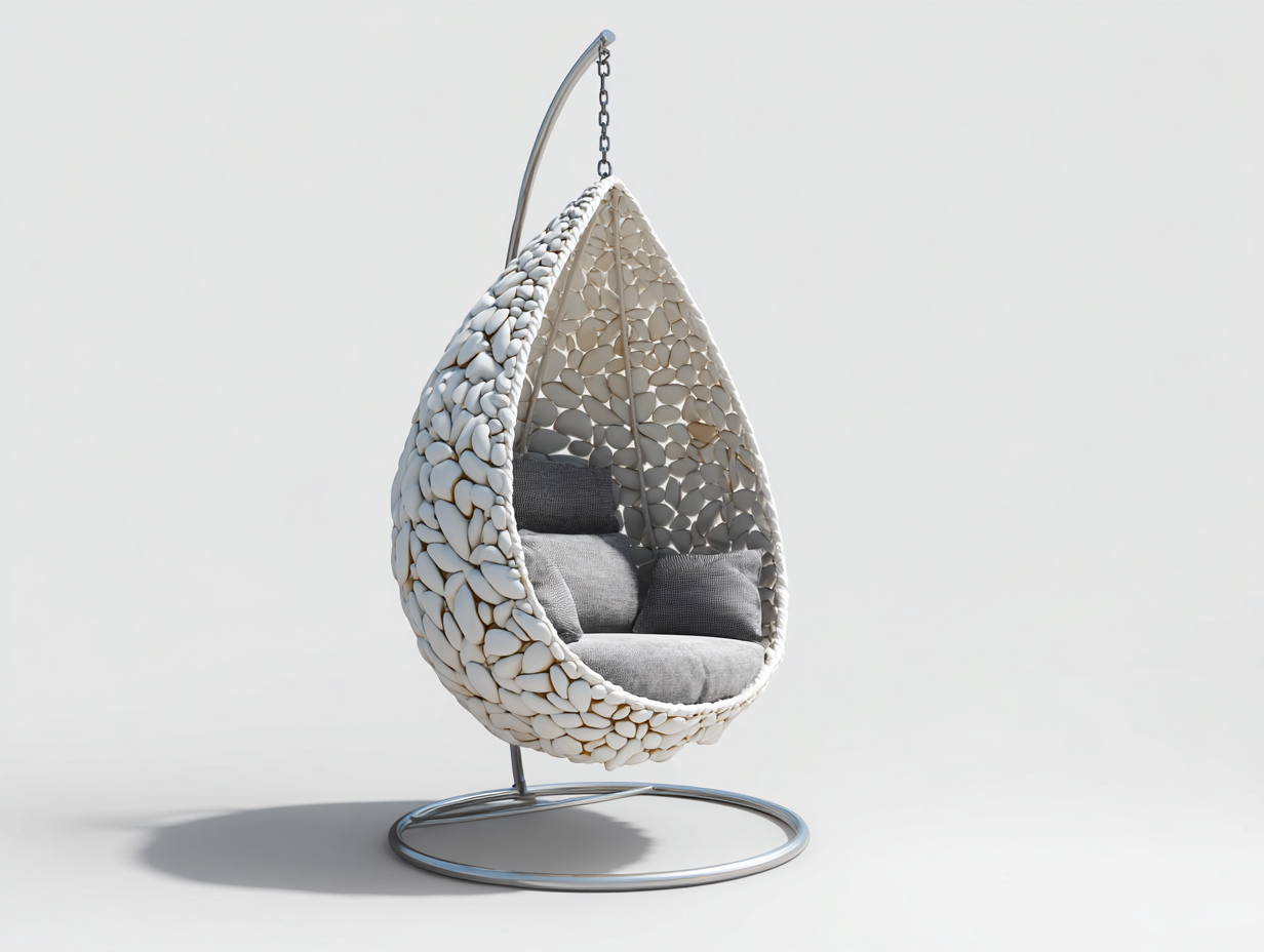 Chaise suspendue sur pied en métal et résine tressée 100×100×190 cm – blanc et gris – pour jardin ou intérieur – design contemporain-Airyete