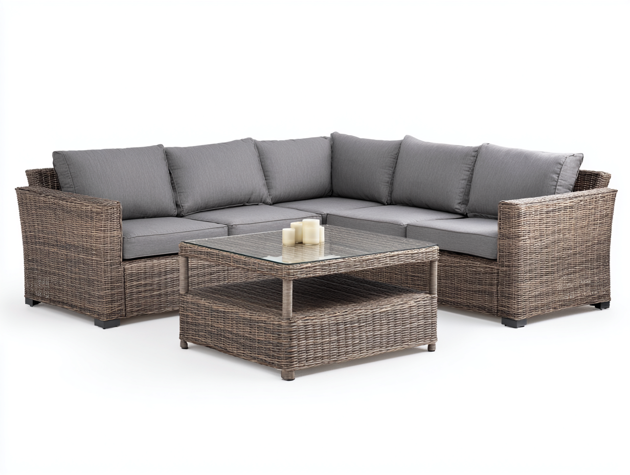 Salon de jardin en résine tressée avec table basse en verre 215×215×75 cm avec table 75×75×35 cm – marron et gris clair – pour terrasse ou jardin – style contemporain-Airyete
