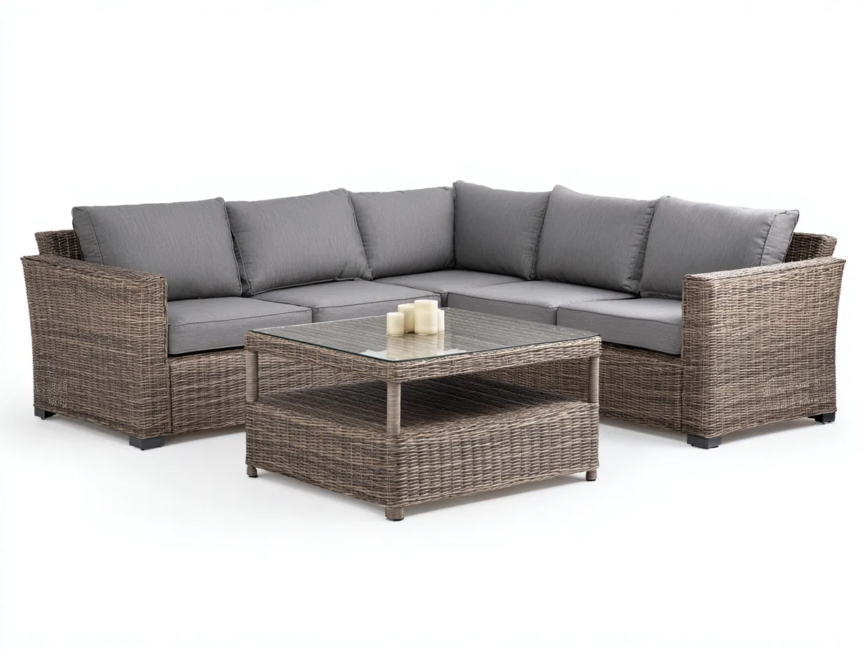 Salon de jardin en résine tressée avec table basse en verre 215×215×75 cm avec table 75×75×35 cm – marron et gris clair – pour terrasse ou jardin – style contemporain-Airyete
