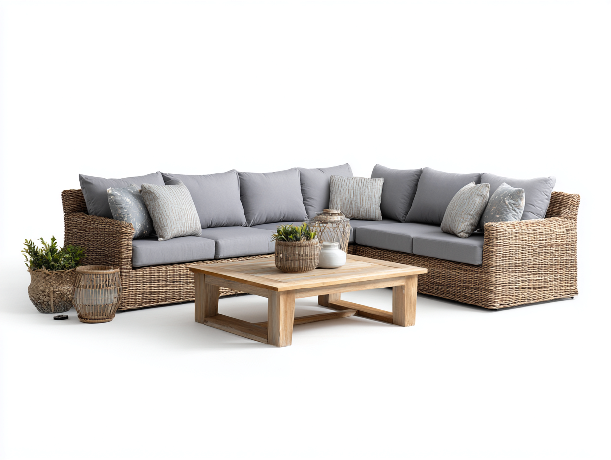 Salon de jardin en résine tressée avec canapé d’angle et table basse 260x200x70 cm – bois et tissu – gris-beige – pour terrasse et jardin – design contemporain-Airyete