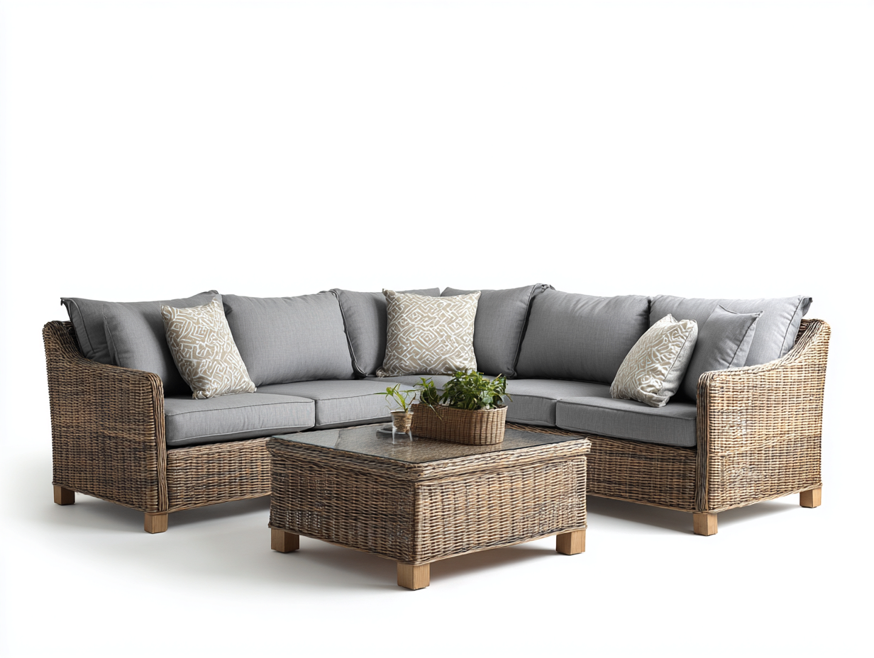 Salon de jardin en résine tressée et verre canapé d’angle 210x210x78 cm table basse 90x60x40 cm – marron-gris – style contemporain pour extérieur-Airyete