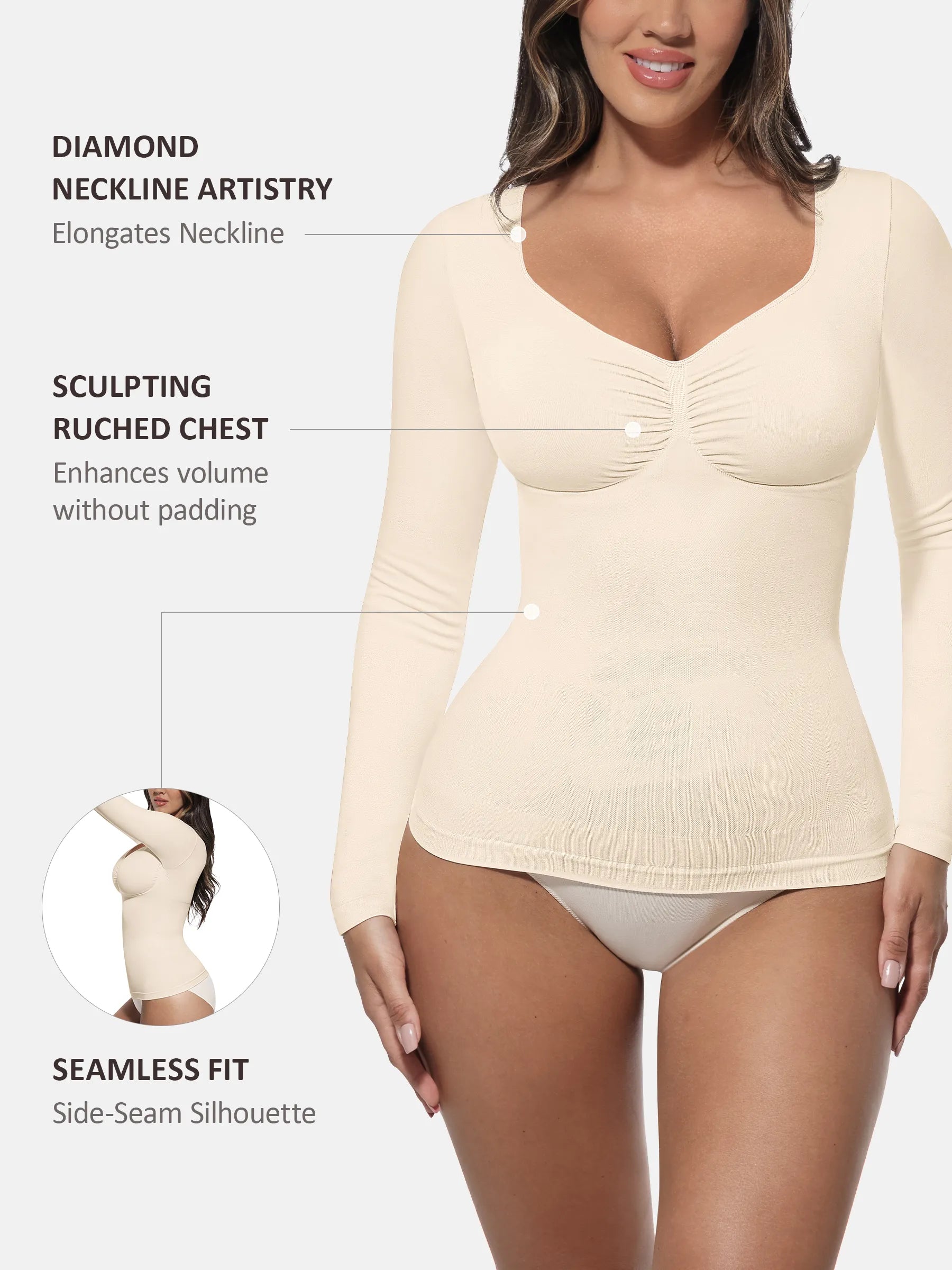 Lume Lingerie Seamless Long Sleeve Tummy Control Thong Bodysuit