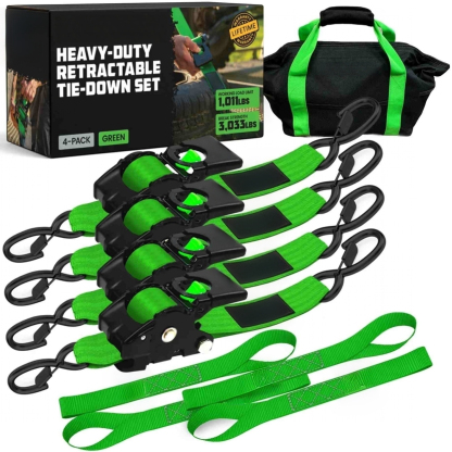 2" x 10' Retractable Ratchet Straps, Heavy-Duty 3,033 lb Break Strength, 2- or 4-Pack