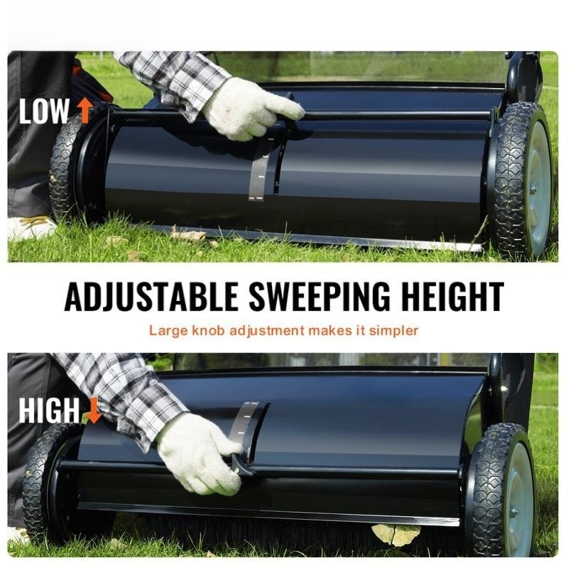 26-Inch Push Lawn Sweeper, Heavy-Duty Steel Frame, 7 ft³ Large Bag, 4 Spinning Brushes