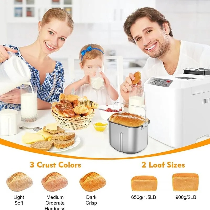 Automatic Bread Maker, 2LB, 12-in-1 with Fruit & Nut Dispenser, 13-Hour Timer, Gluten-Free, 3 Crust Colors