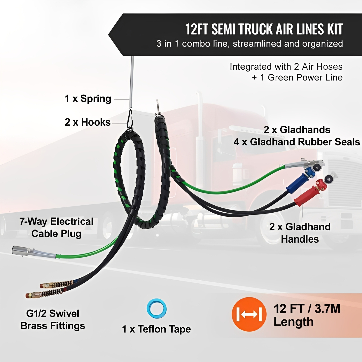 12FT Semi Truck Air Lines Kit with 2PCS Glad Hands, 3-in-1 Air Hoses & 7 Way ABS Electric Power Line, with 2PCS Gladhand Handles, 4PCS Seals and Tender Spring Kit for Semi Truck Trailer Tractor