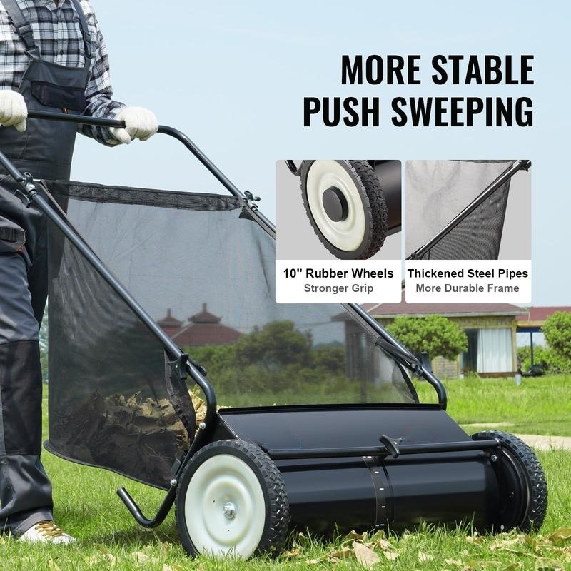 26-Inch Push Lawn Sweeper, Heavy-Duty Steel Frame, 7 ft³ Large Bag, 4 Spinning Brushes