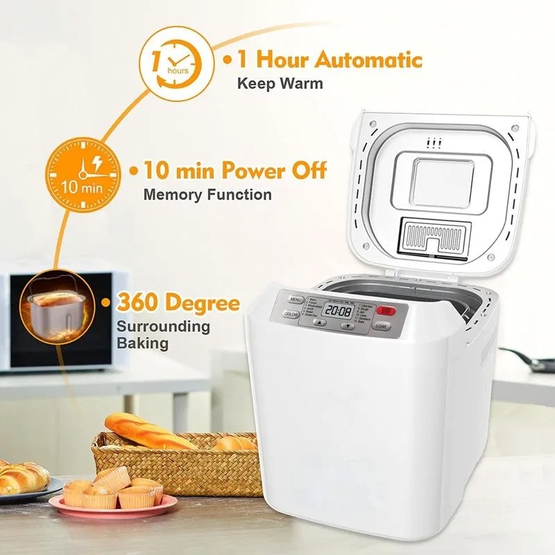 Automatic Bread Maker, 2LB, 12-in-1 with Fruit & Nut Dispenser, 13-Hour Timer, Gluten-Free, 3 Crust Colors