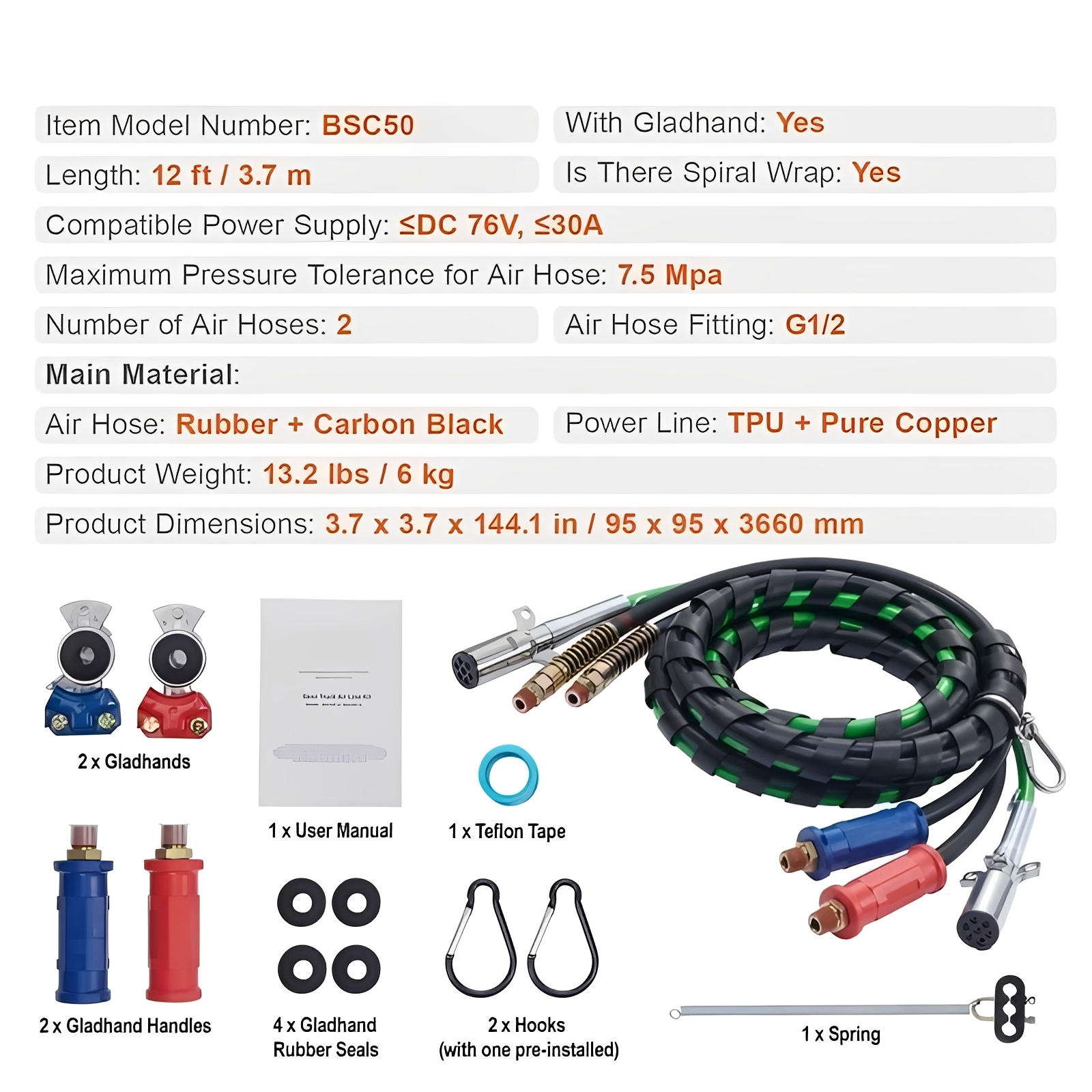 12FT Semi Truck Air Lines Kit with 2PCS Glad Hands, 3-in-1 Air Hoses & 7 Way ABS Electric Power Line, with 2PCS Gladhand Handles, 4PCS Seals and Tender Spring Kit for Semi Truck Trailer Tractor