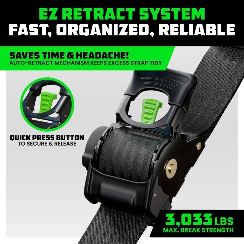 2" x 10' Retractable Ratchet Straps, Heavy-Duty 3,033 lb Break Strength, 2- or 4-Pack