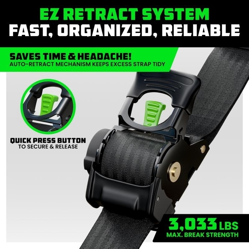 2" x 10' Retractable Ratchet Straps, Heavy-Duty 3,033 lb Break Strength, 2- or 4-Pack