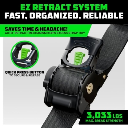 2" x 10' Retractable Ratchet Straps, Heavy-Duty 3,033 lb Break Strength, 2- or 4-Pack