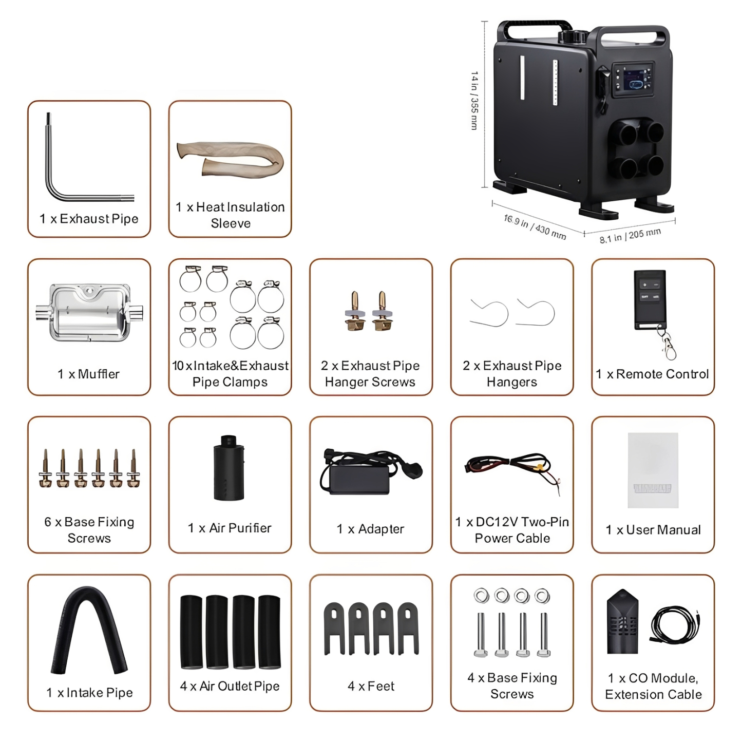 8KW Diesel Air Heater, 12–24V All-in-One Unit with 110V Adapter & CO Alarm, Bluetooth/App/Remote Control, Fast-Heating Portable Heater for Vehicles & Outdoors