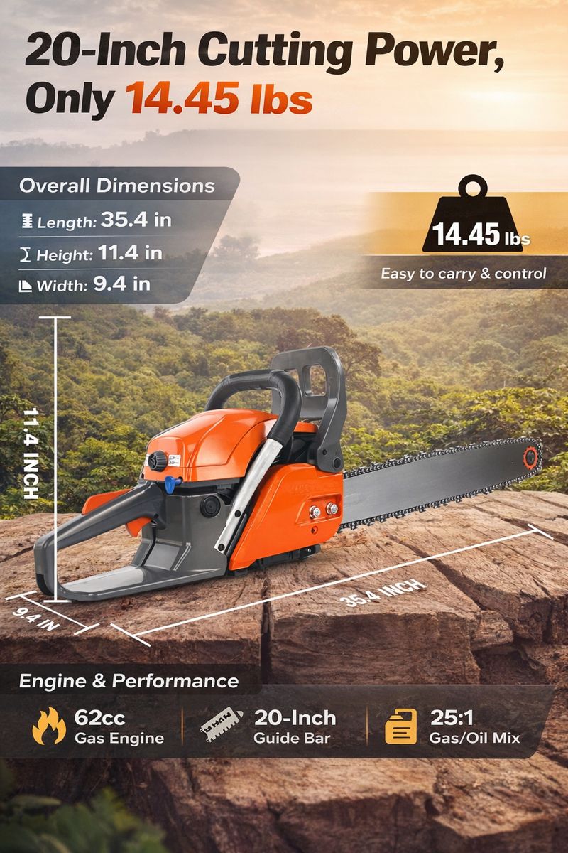 20-Inch 62cc Gas Chainsaw, Lightweight & Powerful, 25:1 Fuel Mix for Outdoor Wood Cutting