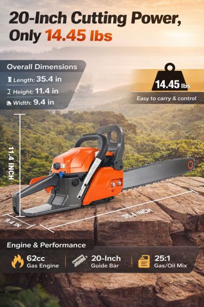 20-Inch 62cc Gas Chainsaw, Lightweight & Powerful, 25:1 Fuel Mix for Outdoor Wood Cutting