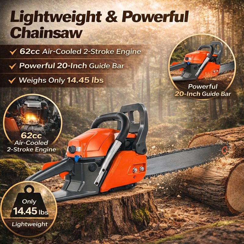 20-Inch 62cc Gas Chainsaw, Lightweight & Powerful, 25:1 Fuel Mix for Outdoor Wood Cutting