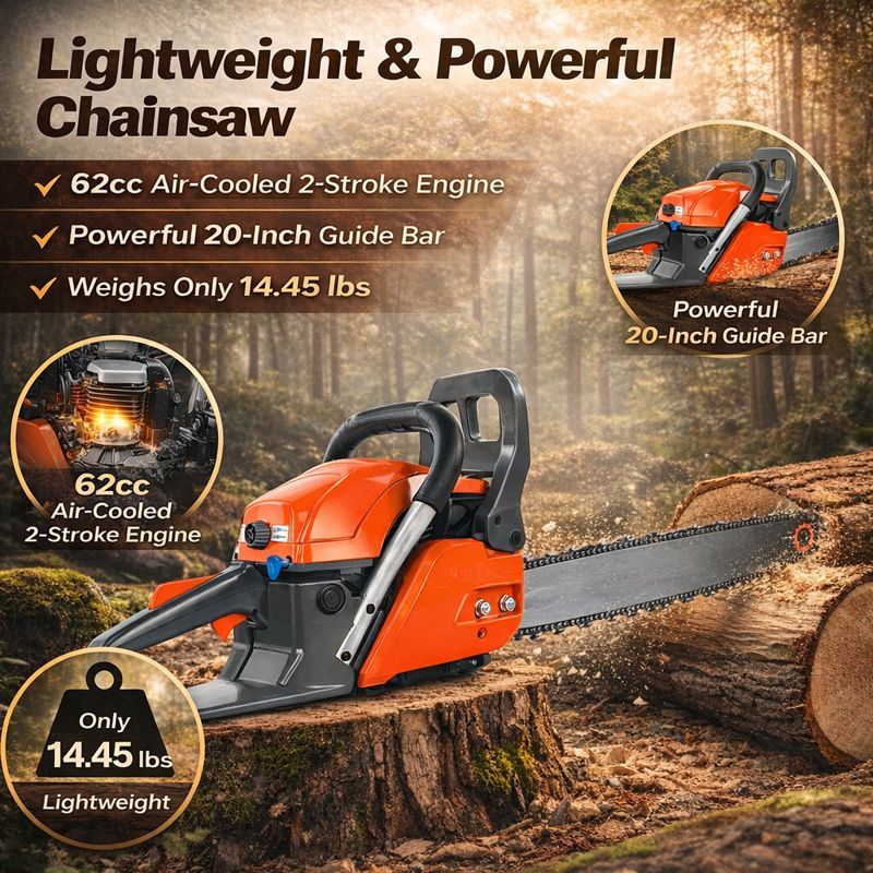 20-Inch 62cc Gas Chainsaw, Lightweight & Powerful, 25:1 Fuel Mix for Outdoor Wood Cutting