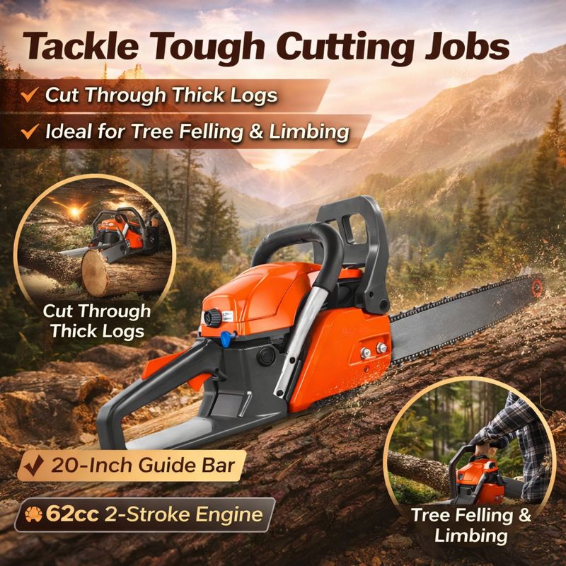 20-Inch 62cc Gas Chainsaw, Lightweight & Powerful, 25:1 Fuel Mix for Outdoor Wood Cutting