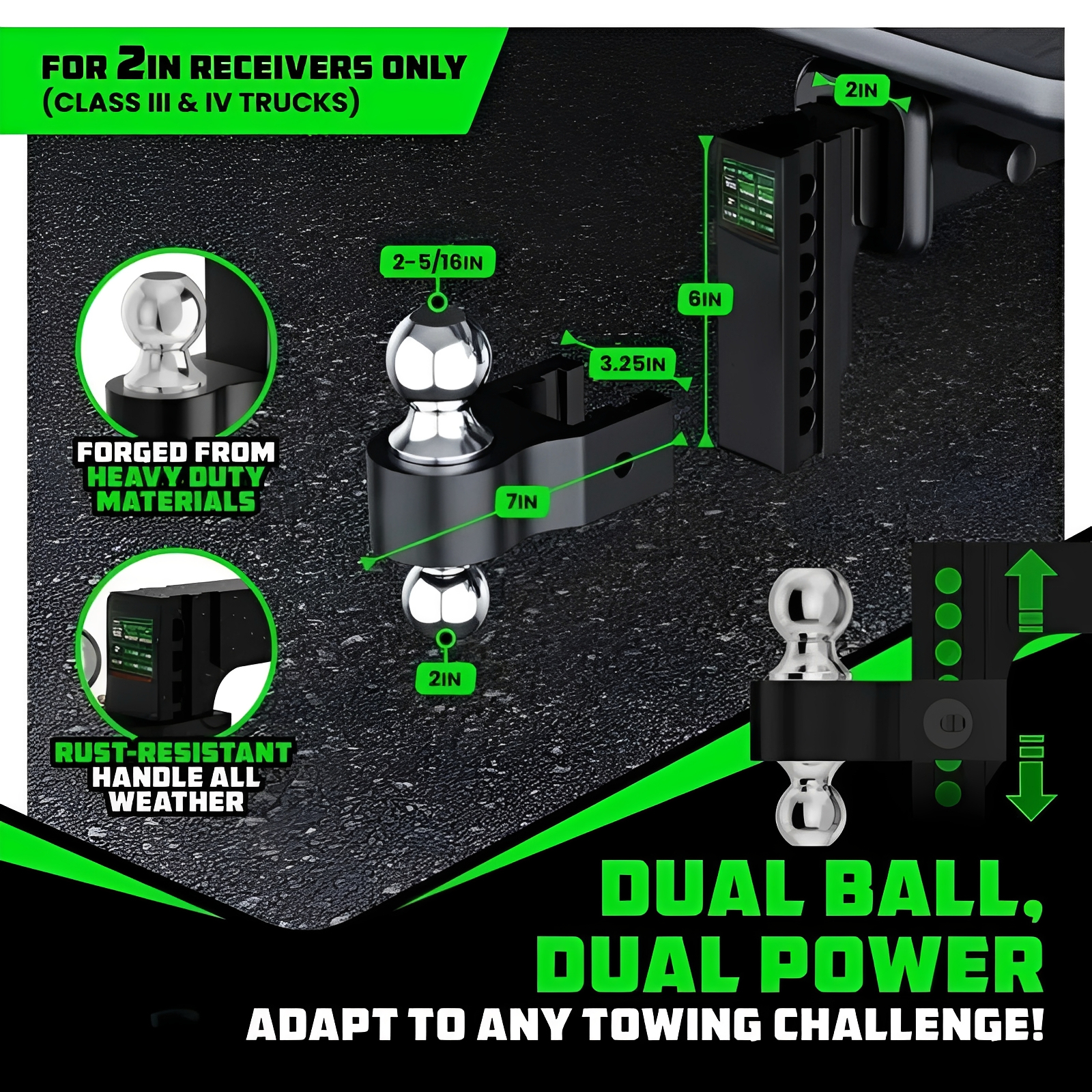 Adjustable Trailer Hitch 2 inch Receiver - Heavy Duty Aluminum Drop Hitch with 12,500lb GTW Towing Capacity for Hauling Heavy Trucks, RV, Trailer, Camper