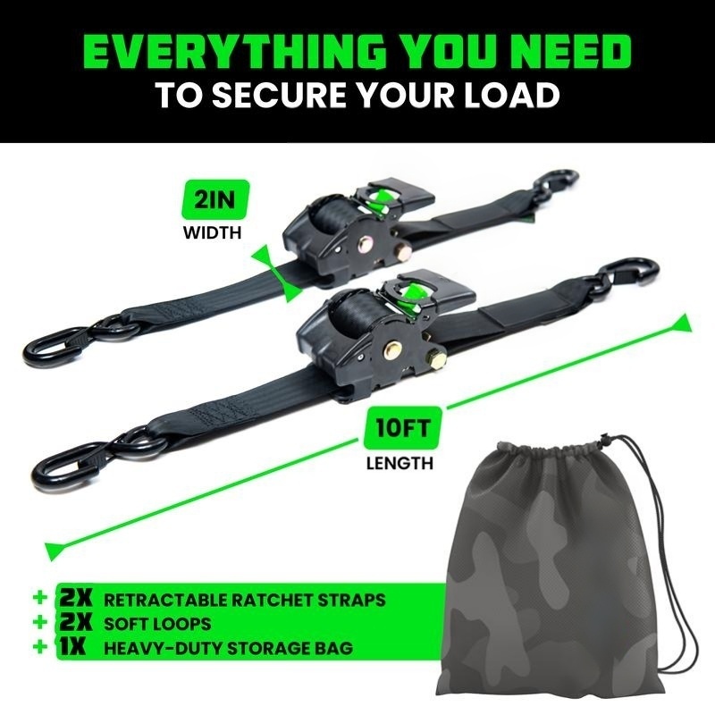 2" x 10' Retractable Ratchet Straps, Heavy-Duty 3,033 lb Break Strength, 2- or 4-Pack
