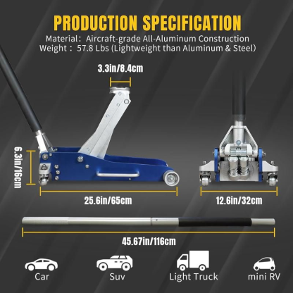 3 Ton Aluminum Racing Floor Jack, Ultra Lightweight Low Profile Car Jack with Dual Pump Quick Lift, 6600 lbs Capacity