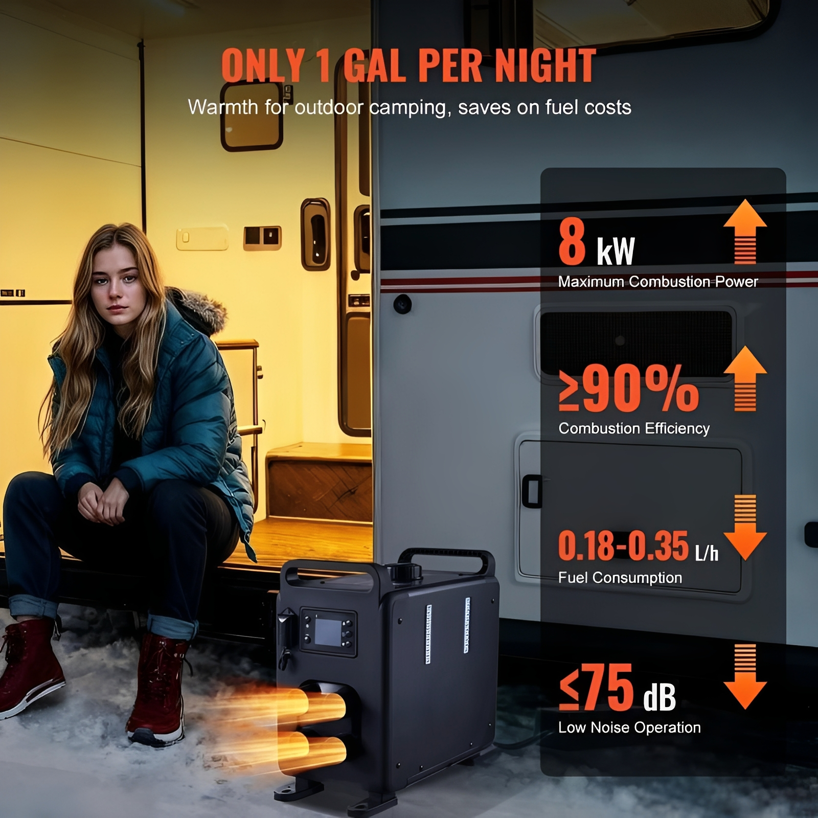 8KW Diesel Air Heater, 12–24V All-in-One Unit with 110V Adapter & CO Alarm, Bluetooth/App/Remote Control, Fast-Heating Portable Heater for Vehicles & Outdoors