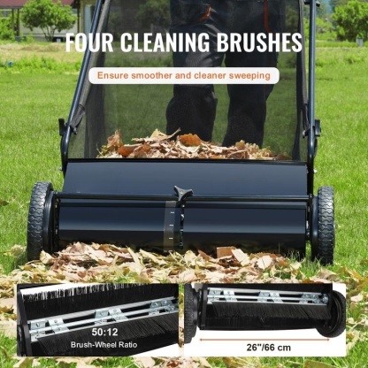 26-Inch Push Lawn Sweeper, Heavy-Duty Steel Frame, 7 ft³ Large Bag, 4 Spinning Brushes