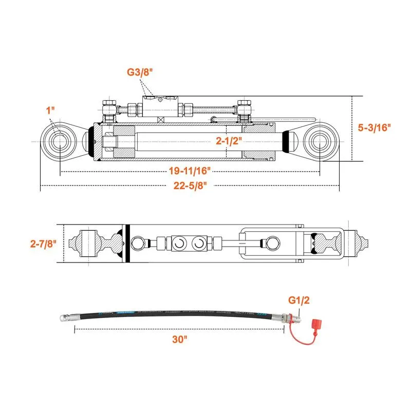 Hydraulic Top Link Cat. 2-2 8-5/16 in 19-11/16~28 in with 2 Hoses & G3/8" Check Valve Heavy Duty Metal High Quality Hardware for Tractors