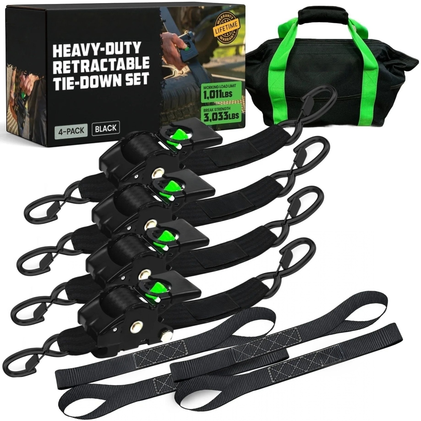 2" x 10' Retractable Ratchet Straps, Heavy-Duty 3,033 lb Break Strength, 2- or 4-Pack