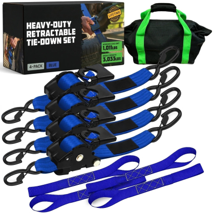 2" x 10' Retractable Ratchet Straps, Heavy-Duty 3,033 lb Break Strength, 2- or 4-Pack
