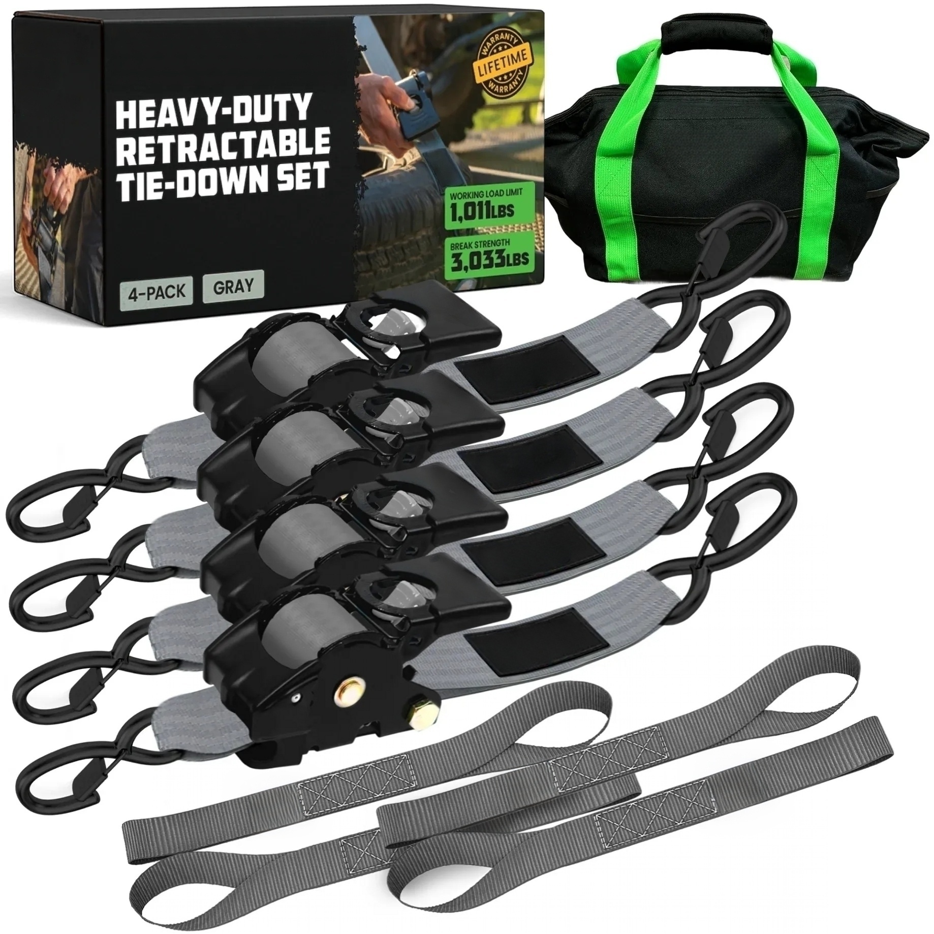 2" x 10' Retractable Ratchet Straps, Heavy-Duty 3,033 lb Break Strength, 2- or 4-Pack