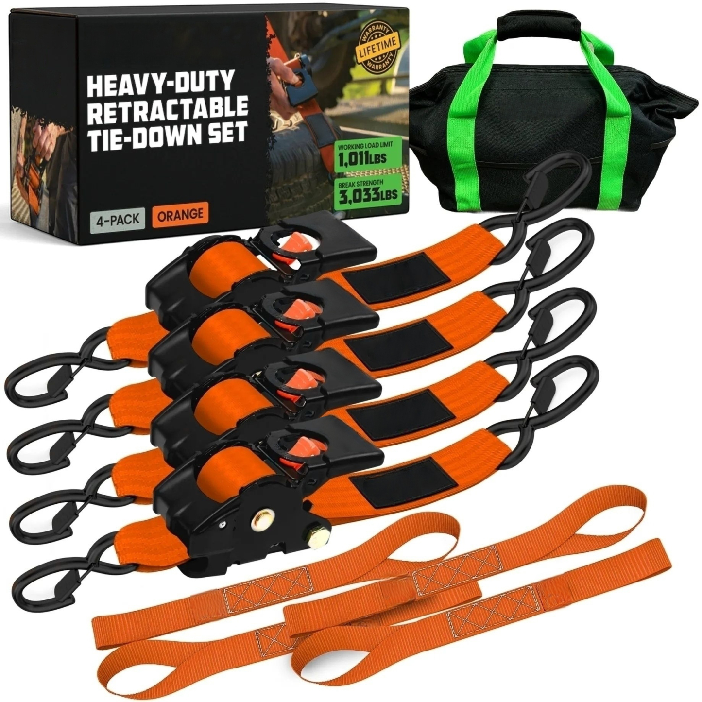 2" x 10' Retractable Ratchet Straps, Heavy-Duty 3,033 lb Break Strength, 2- or 4-Pack