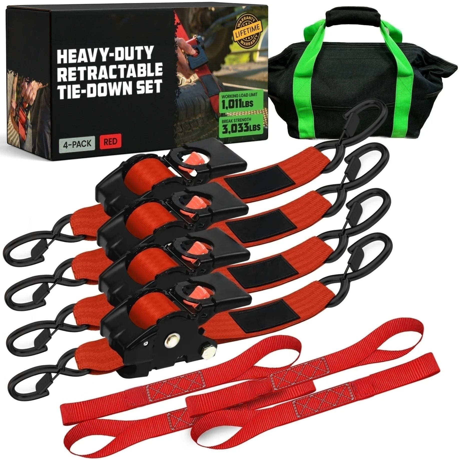 2" x 10' Retractable Ratchet Straps, Heavy-Duty 3,033 lb Break Strength, 2- or 4-Pack