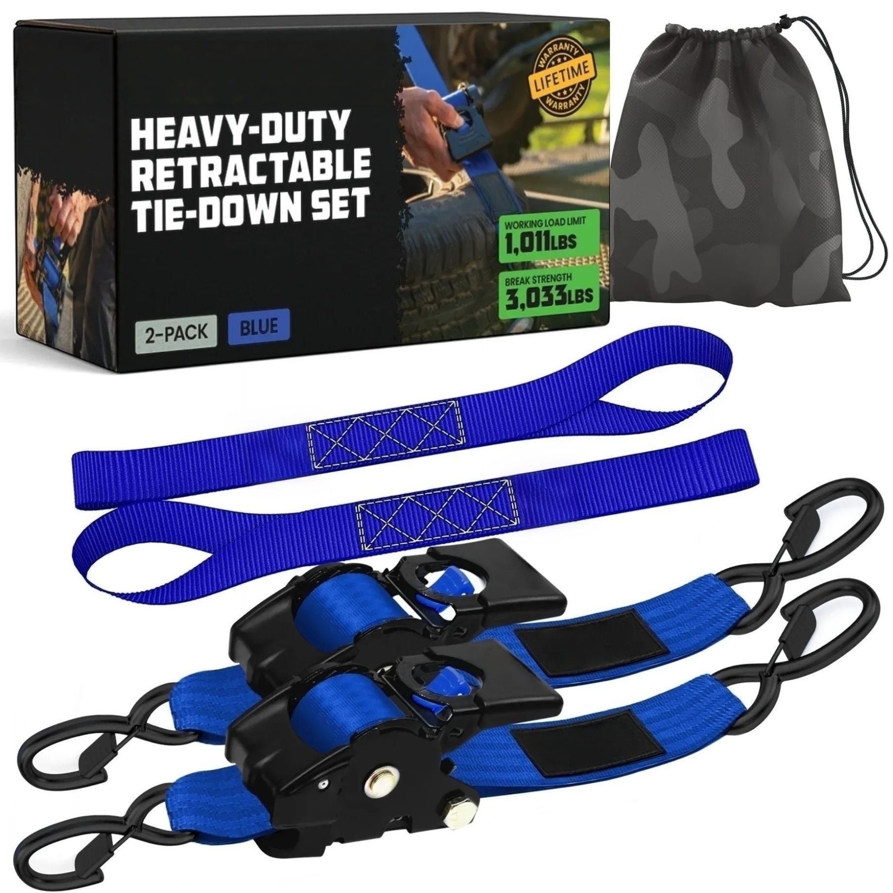 2" x 10' Retractable Ratchet Straps, Heavy-Duty 3,033 lb Break Strength, 2- or 4-Pack