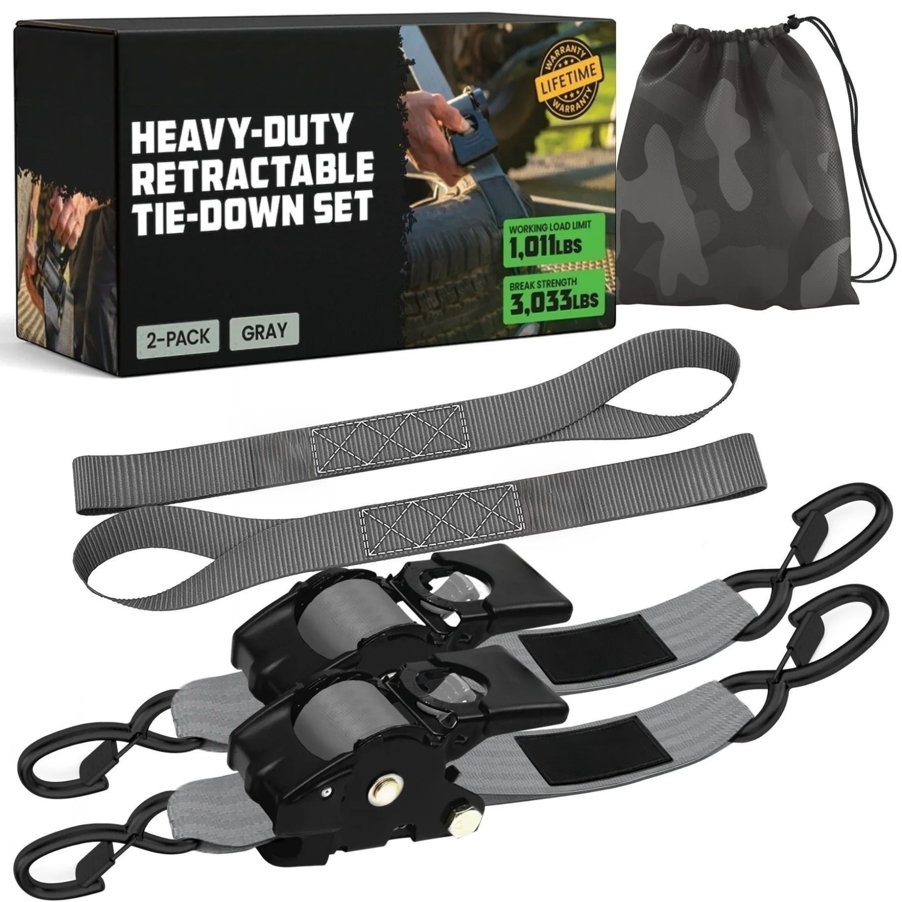 2" x 10' Retractable Ratchet Straps, Heavy-Duty 3,033 lb Break Strength, 2- or 4-Pack