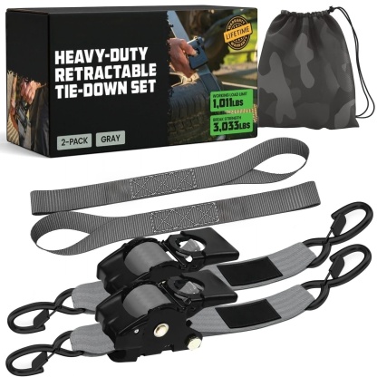 2" x 10' Retractable Ratchet Straps, Heavy-Duty 3,033 lb Break Strength, 2- or 4-Pack