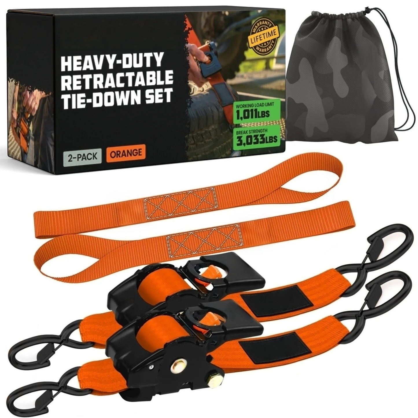 2" x 10' Retractable Ratchet Straps, Heavy-Duty 3,033 lb Break Strength, 2- or 4-Pack