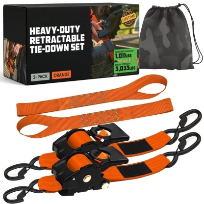 2" x 10' Retractable Ratchet Straps, Heavy-Duty 3,033 lb Break Strength, 2- or 4-Pack