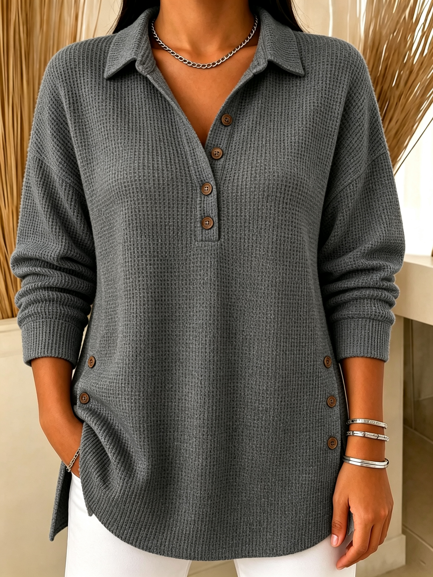 Chic Long Sleeve Waffle Knit Polo Sweater Casual Loose Henley Shirt