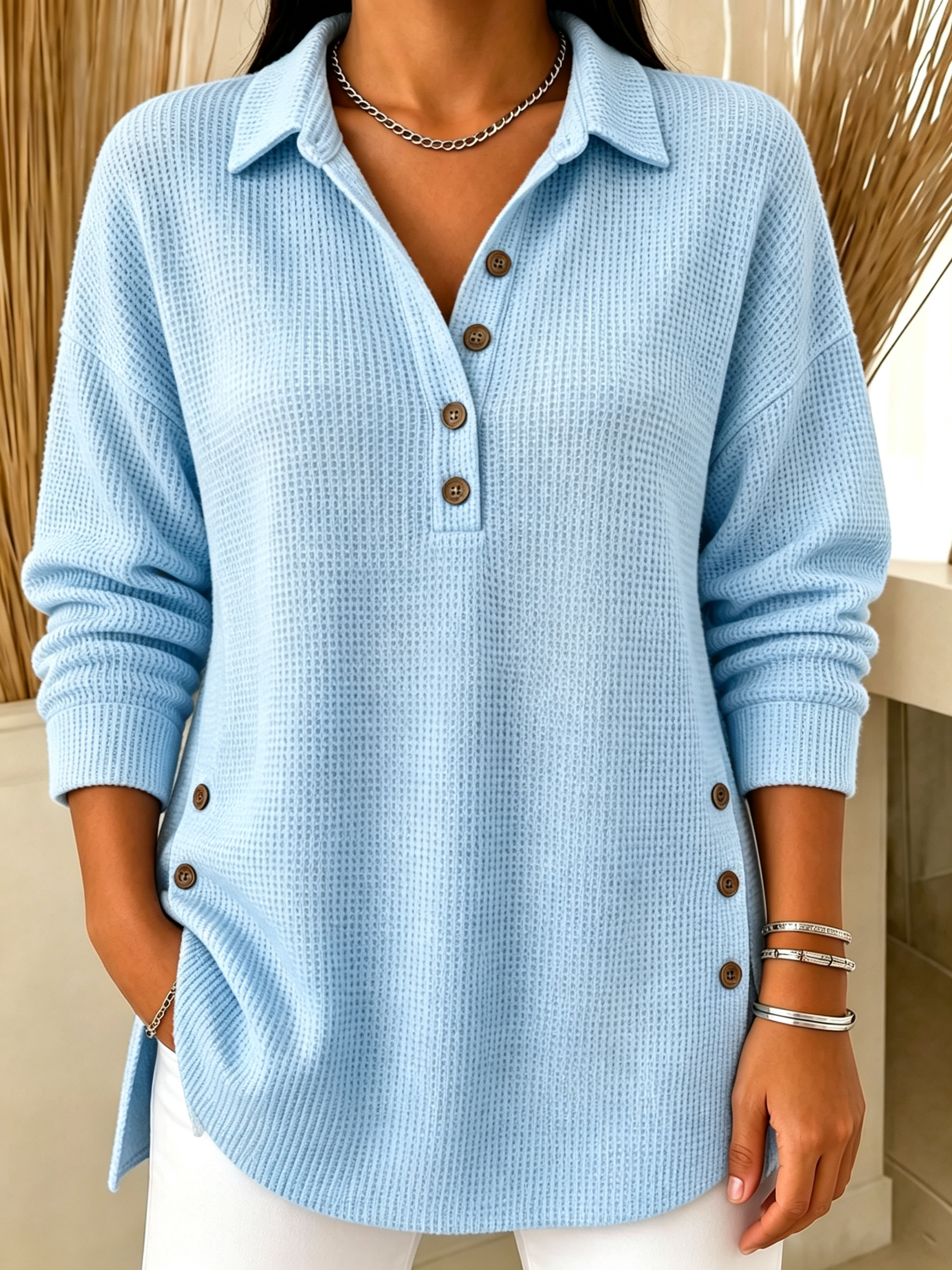 Chic Long Sleeve Waffle Knit Polo Sweater Casual Loose Henley Shirt