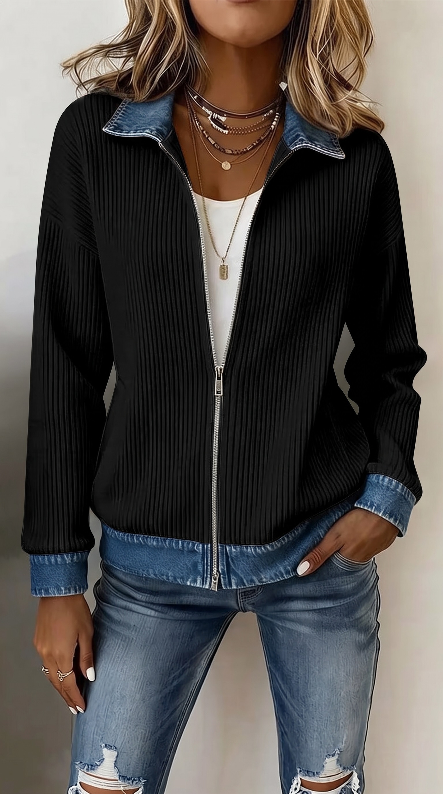 Denim Splice Zip‑Front Ribbed Casual Jacket