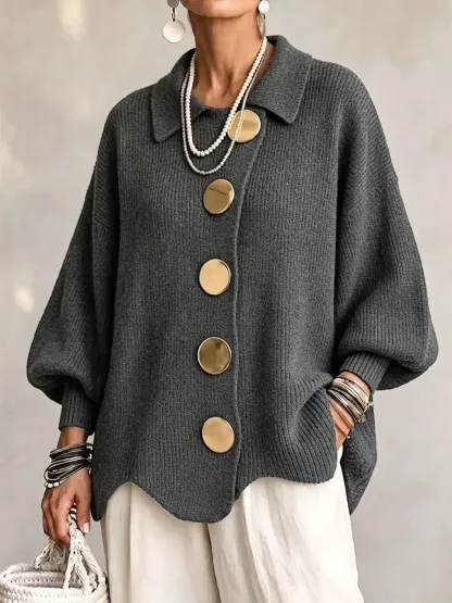 Oversized Collared Knit Cardigan With Large Metal Buttons