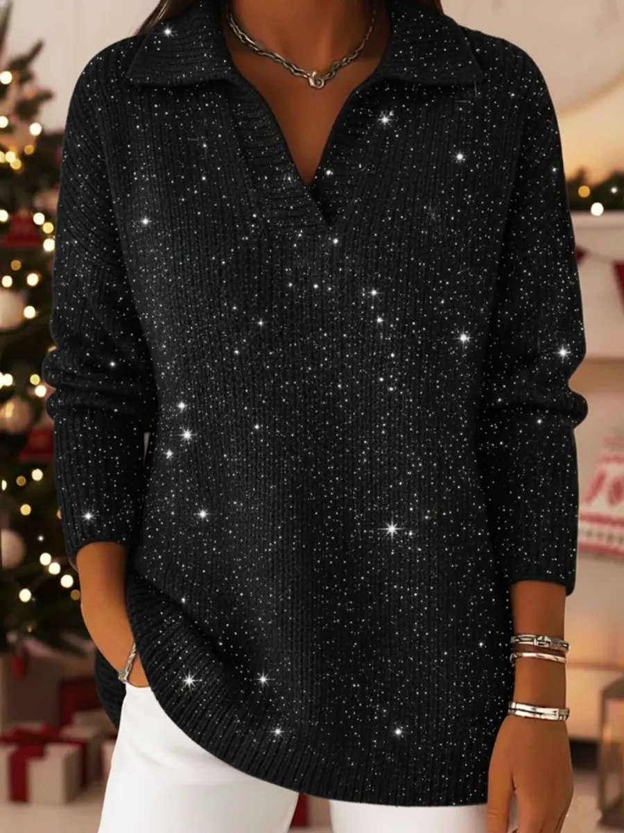 🎄 Clearance Sale🔥Christmas Party Polo Collar Shiny Loose Sweater Top