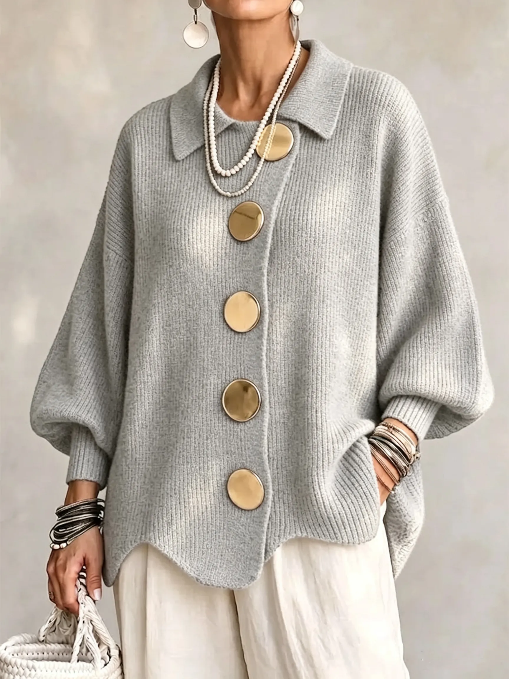 Oversized Collared Knit Cardigan With Large Metal Buttons