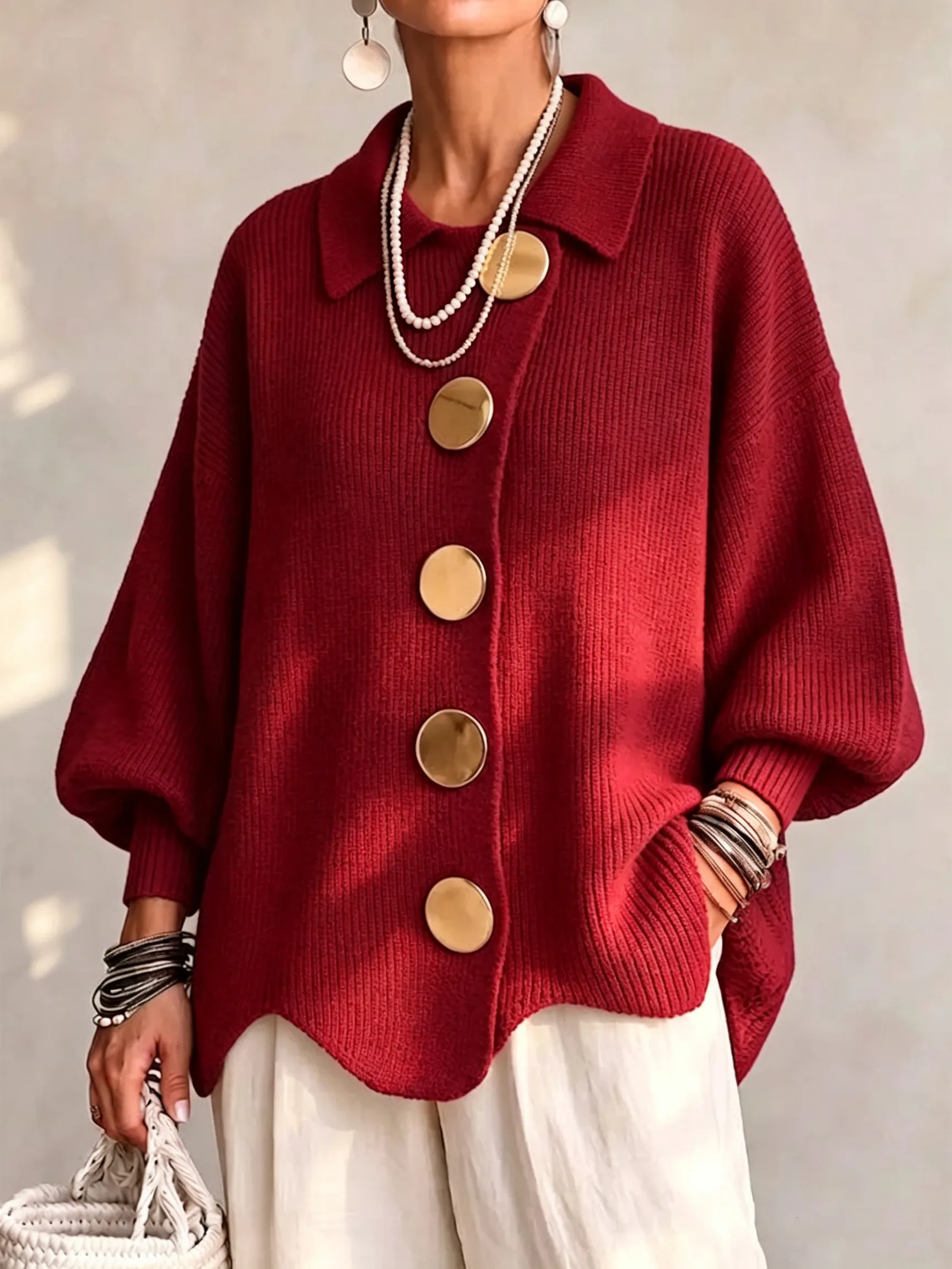 Oversized Collared Knit Cardigan With Large Metal Buttons