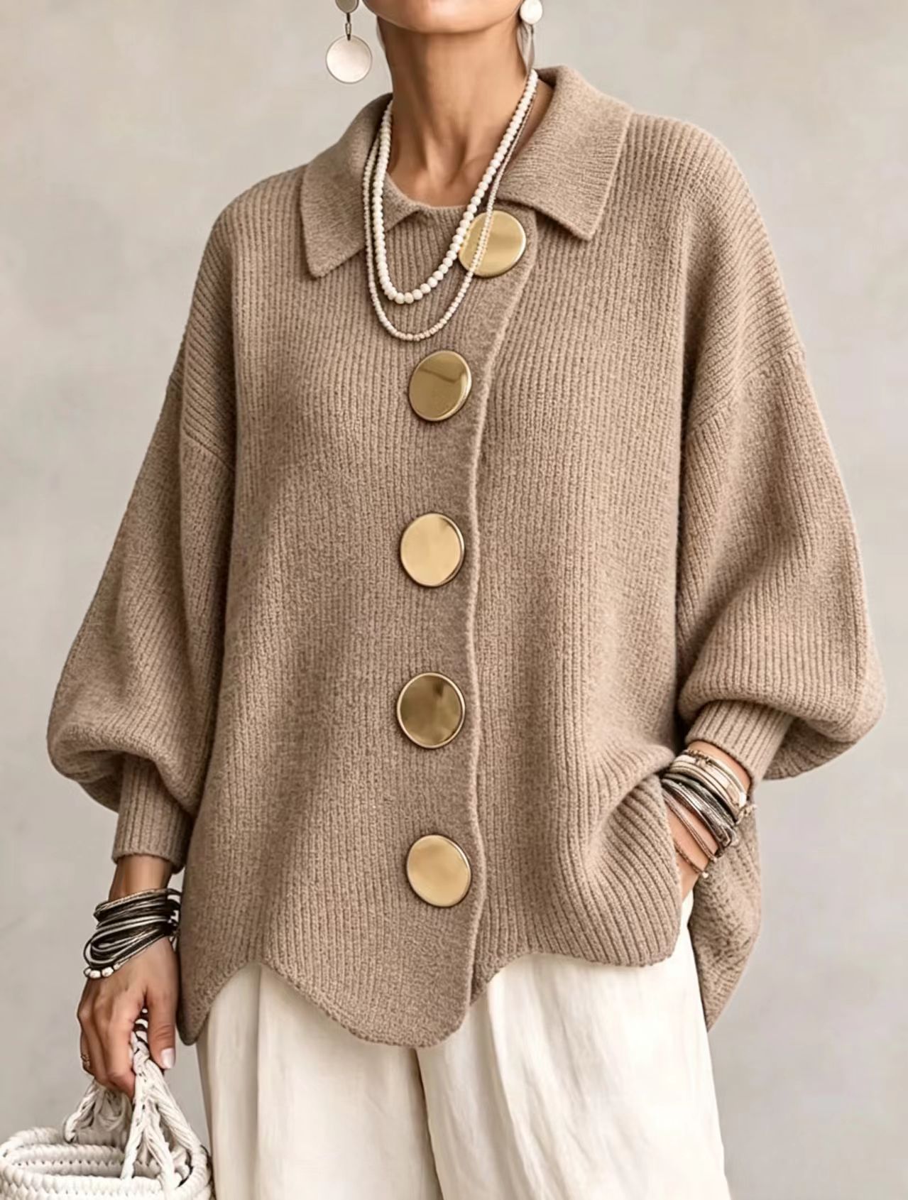 Oversized Collared Knit Cardigan With Large Metal Buttons