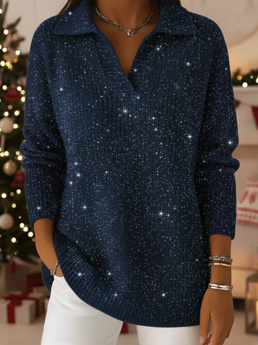 🎄 Clearance Sale🔥Christmas Party Polo Collar Shiny Loose Sweater Top